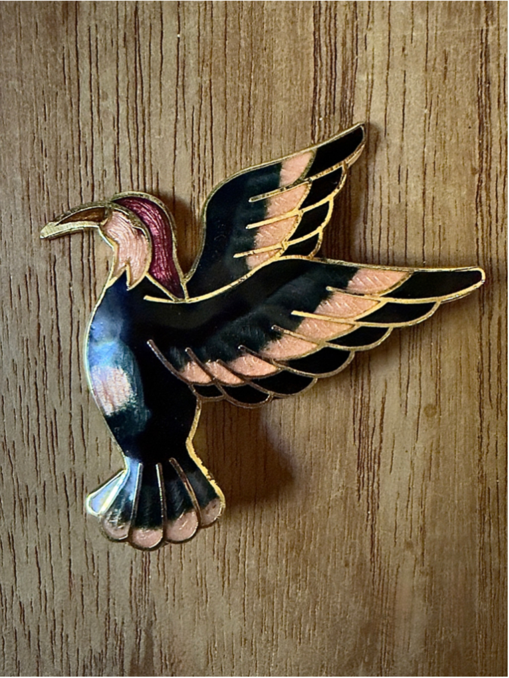 Vintage Cloisonné Flying Crane Bird Brooch